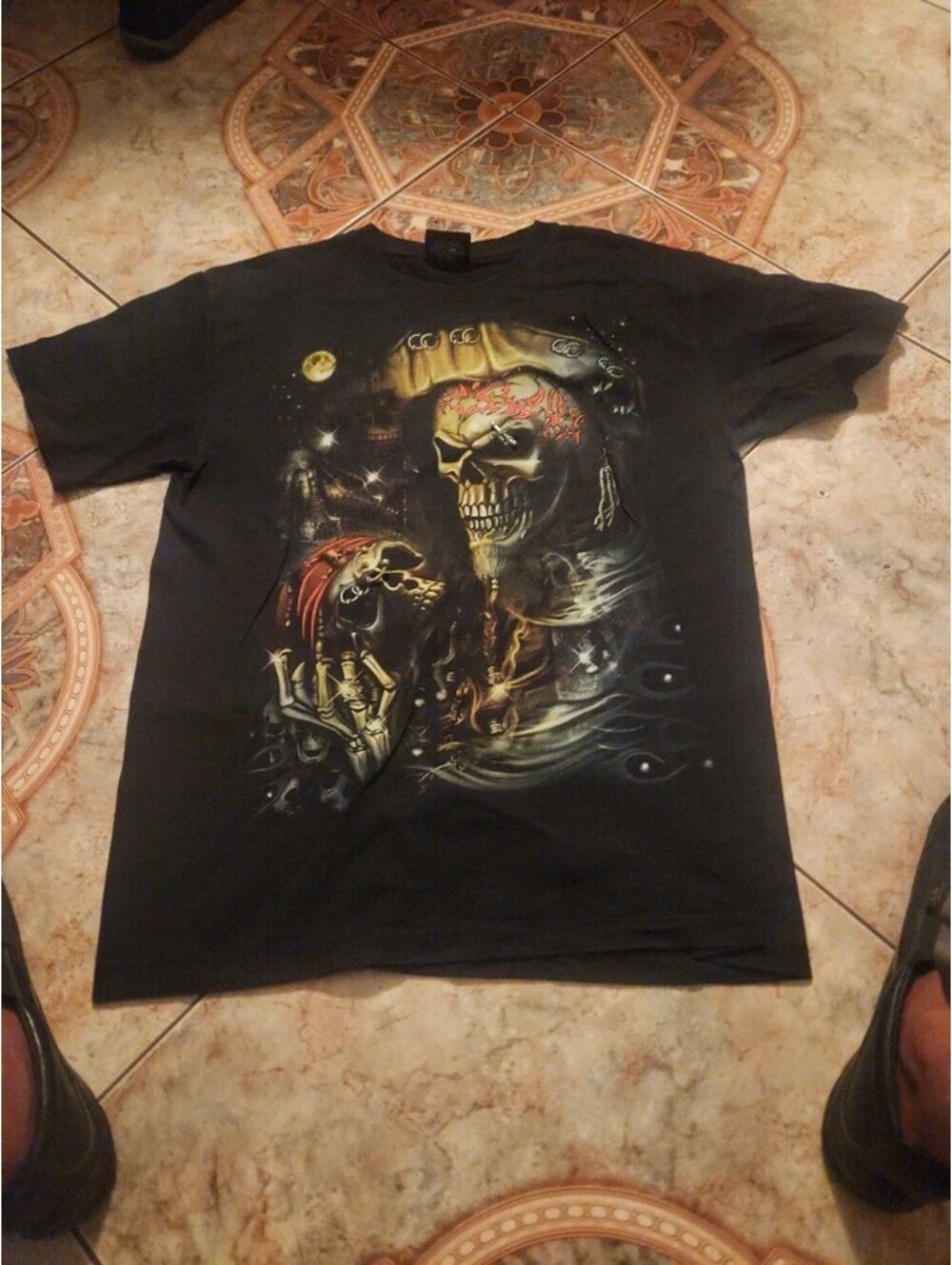 VTG Pirate Skull Men's T-Shirt Large Double Side Graphic Embellished Jewelry